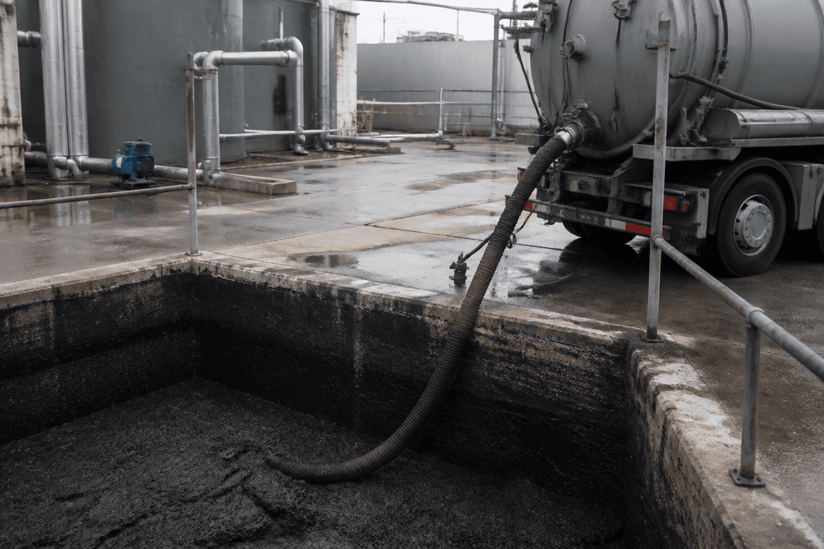 Camión cuba gris sin rotulación aspirando lodos oscuros de un foso de hormigón en una instalación industrial