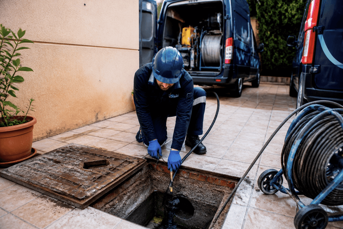 Arqueta de saneamiento abierta durante una limpieza de lodos en una urbanización