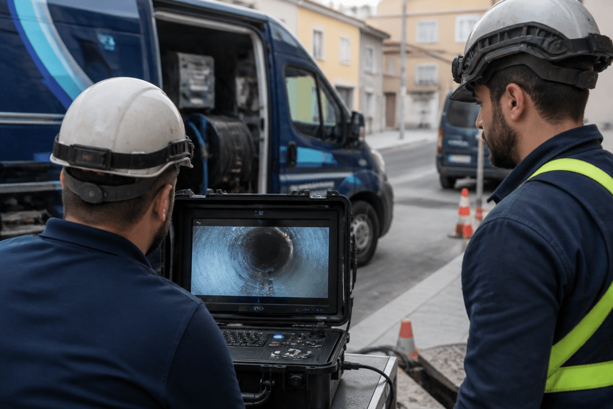 Monitor mostrando el interior de una tubería mientras un técnico guía la cámara de inspección