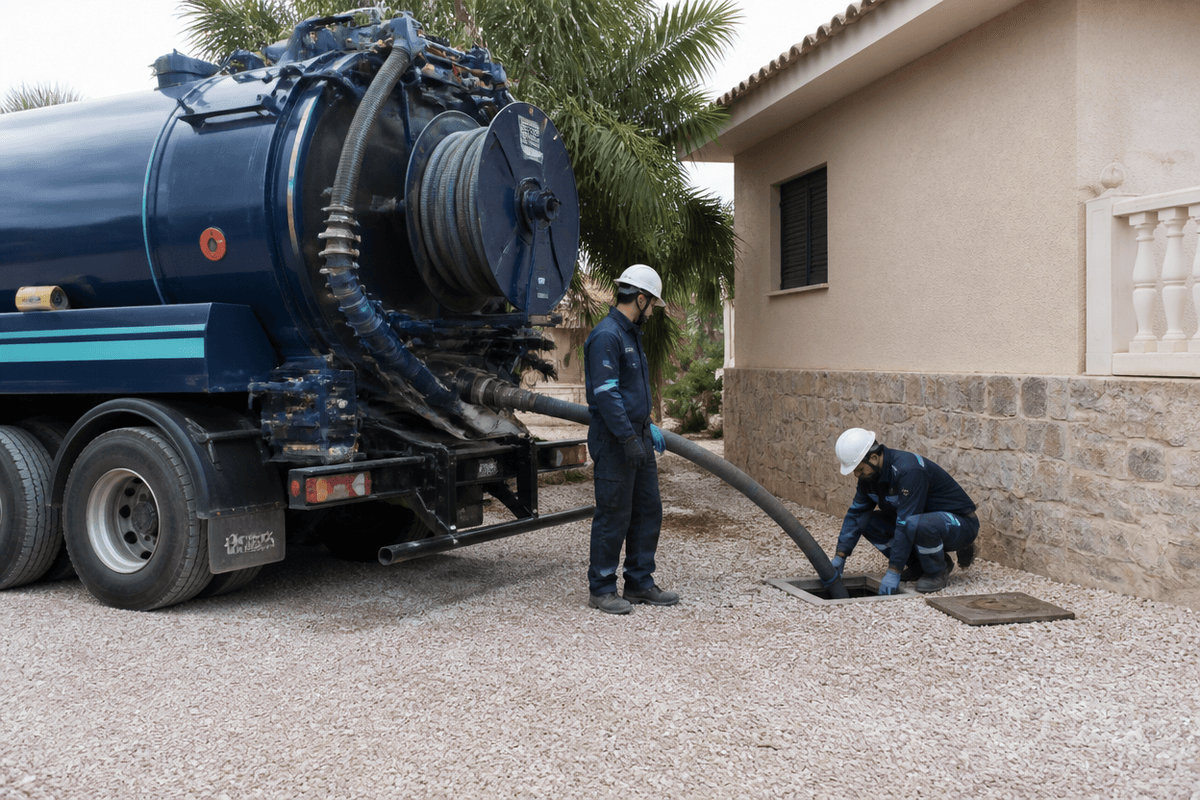 Intervención de vaciado y limpieza junto a una fosa séptica en parcela residencial
