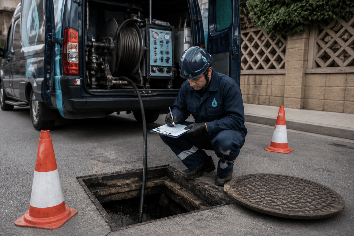 Técnico revisando una arqueta durante una visita de mantenimiento preventivo en Murcia