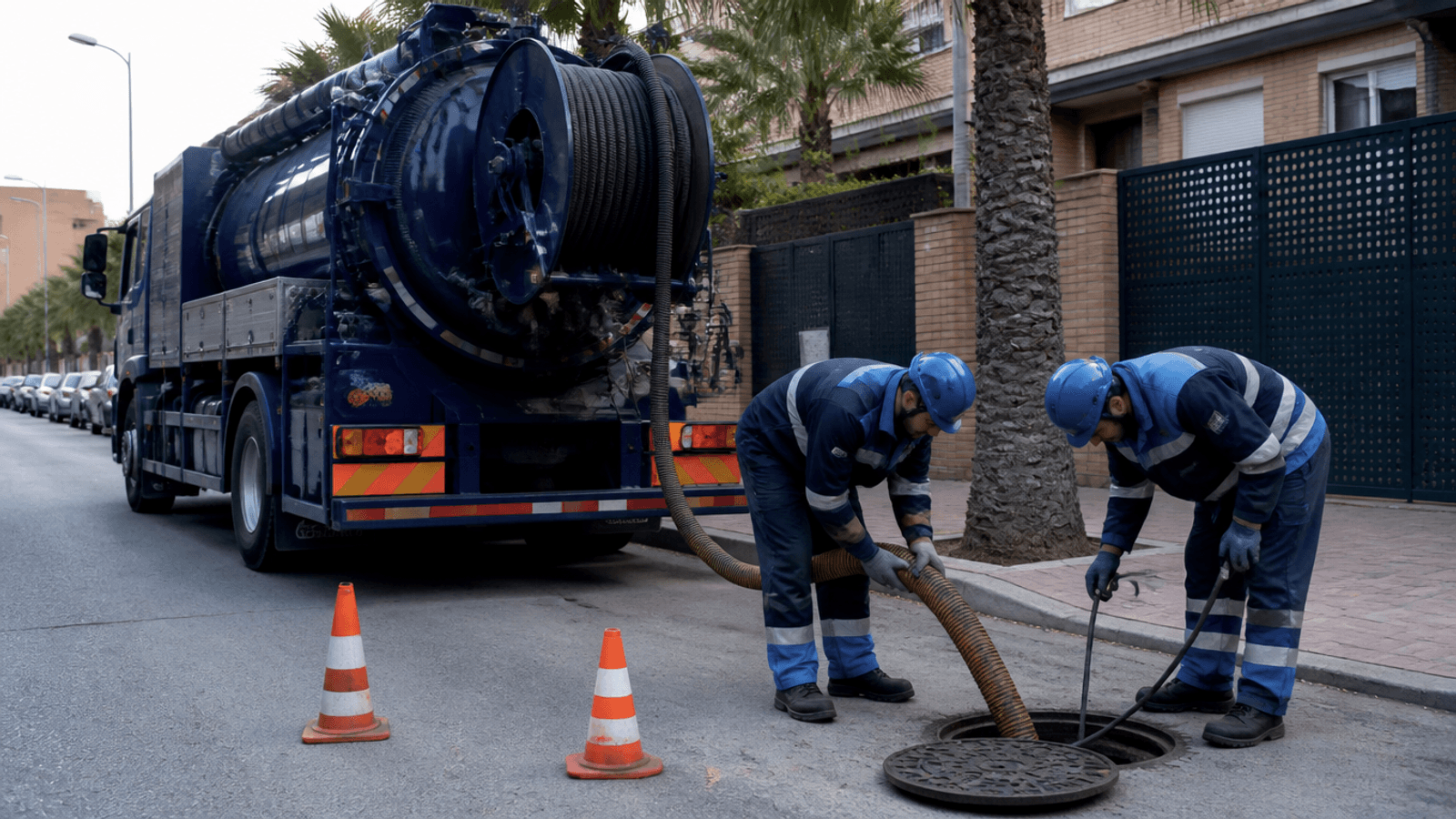 Camión cuba de desatascos con técnicos preparando mangueras en una calle de Murcia