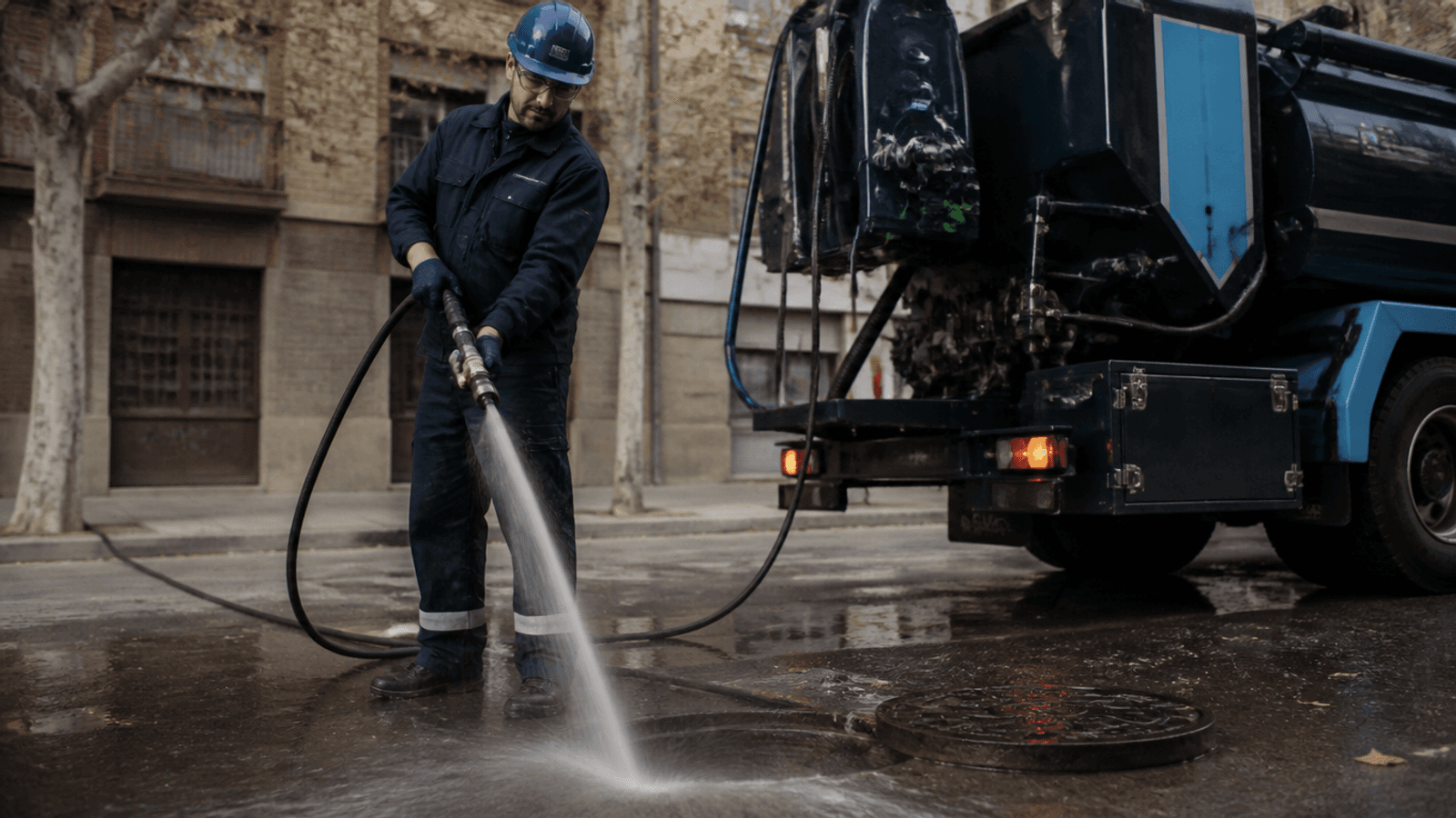 Técnico uniformado maneja una manguera de agua a alta presión junto al vehículo de desatascos en Murcia