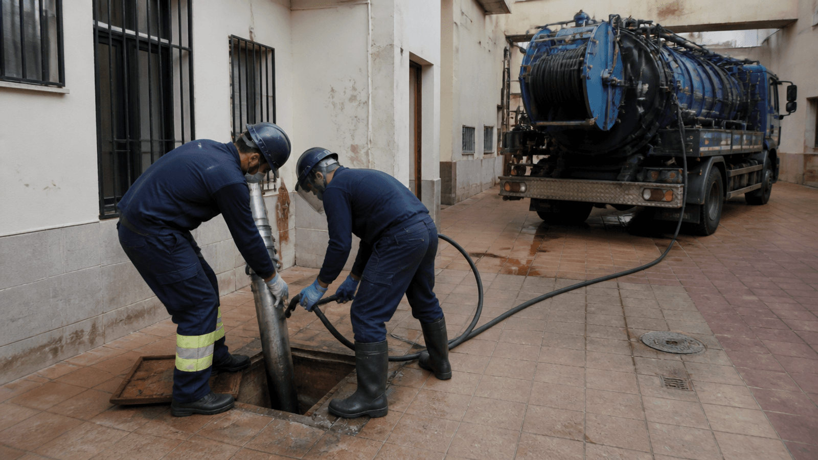 Operarios aspiran agua y lodos de una arqueta abierta en un patio de Murcia con el camión al fondo